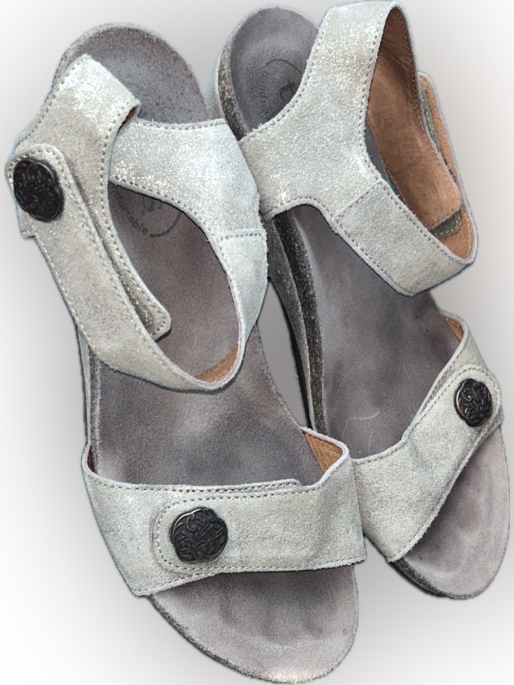Taos Festival 4048 Metallic Shimmery Gold Wedge Velcro Leather Suede Sandals 37 - Picture 3 of 11